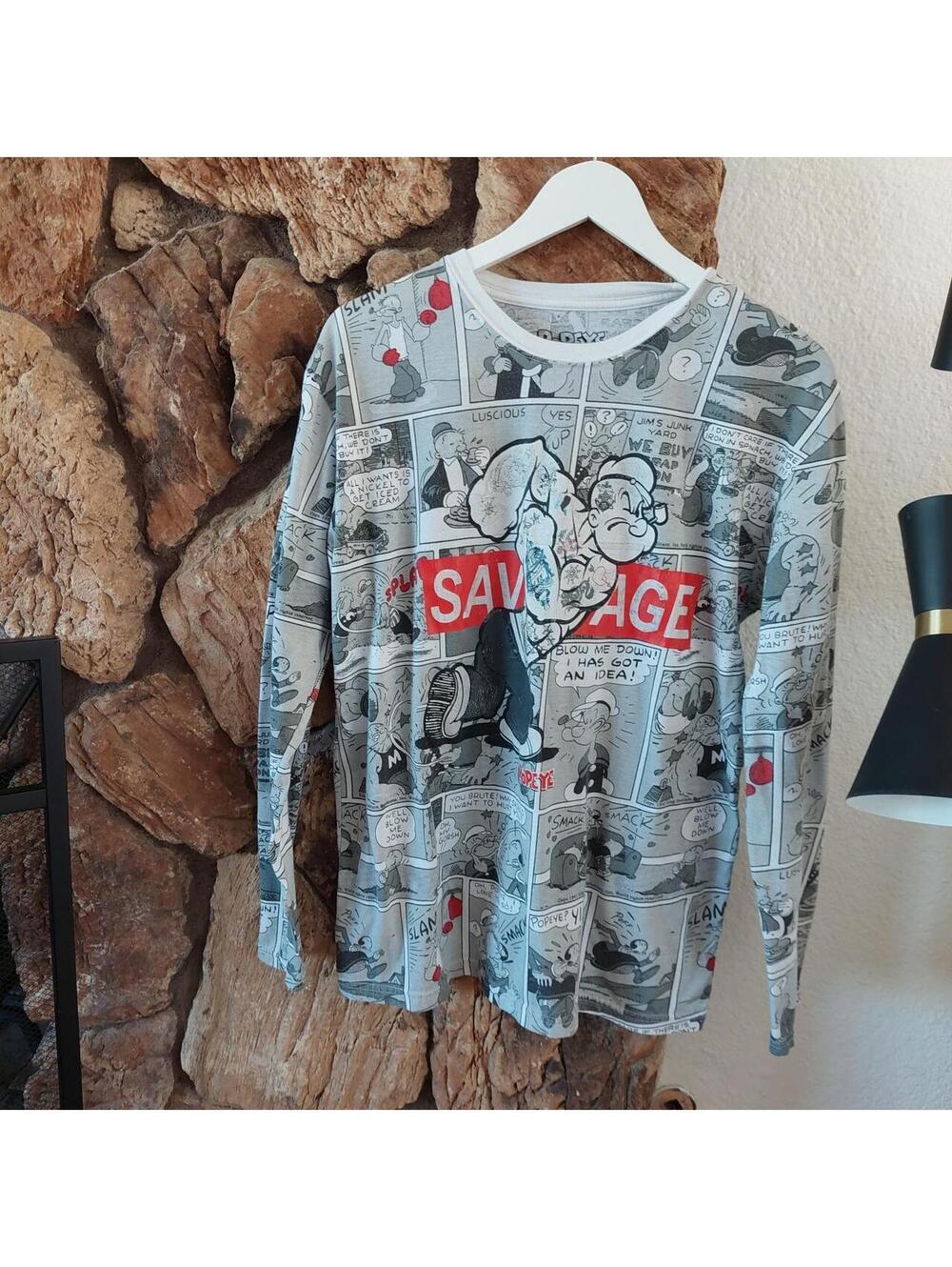 Popeye the Sailor Man Savage Comic Print Long Sleeve Shirt Large